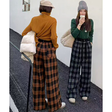 批发实体档口流行复古文艺日常穿搭高腰休闲裤子格子撞色时髦阔脚裤子