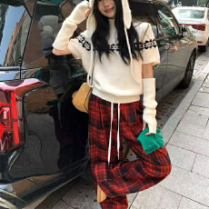 实体档口时髦格纹撞色设计小众松紧腰休闲长裤宽松复古百搭裤子女