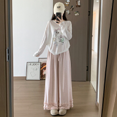 批发实力工厂韩版糯叽叽显瘦木耳边宽松阔腿裤长裤百搭休闲裤女