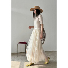 批发实体档口淑女气质纱裙女春秋新款高腰a字不规则中长大摆沙裙长裙