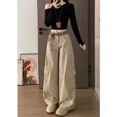 批发实力工时尚复古风速干工装长裤美式高腰超好看自然小个子阔脚裤<b class='q'>女</b>