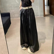 批发实力工厂冰丝缎面西装阔腿裤女2026夏季高腰休闲直筒裤（配腰带）