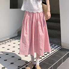 批发实力工厂蓝色格子<b class='q'>裙</b>女夏季新款设计感半身<b class='q'>裙</b>垂感显瘦高腰a字<b class='q'>伞</b><b class='q'>裙</b>