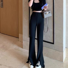 批发实力工厂高腰前开叉微喇叭西裤<b class='q'>女</b>春夏款垂坠感洋气高腰显长裤拖地