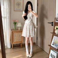 批发实力工厂小清新甜美碎花半裙夏款蝴蝶结系带<b class='q'>雪纺</b>高腰垂感a字<b class='q'>短裙</b>