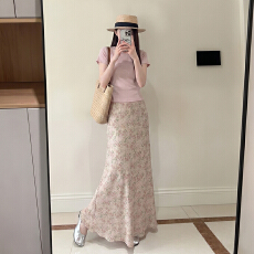 批发实力工厂复古粉色碎花网纱鱼尾<b class='q'>半身裙</b>女夏度假风印花包臀a<b class='q'>字</b><b class='q'>裙</b>子