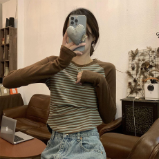 批发实力工厂秋冬季德绒条纹撞色<b class='q'>打底</b>衫女加厚双面磨毛长袖T恤上衣