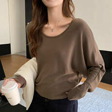 批发实力工厂蝙蝠袖U领打底衫女春秋<b class='q'>新款</b>宽松显瘦高级感百搭长袖上衣