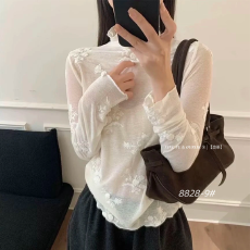 批发实力工厂新款韩系蕾丝绣花半高领木耳边<b class='q'>打底</b>衫女长袖内搭上衣