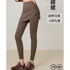 批发实力工厂高腰提臀瑜伽裤假两件裤抽绳健身裤带口袋防走光运动裤
