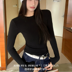 批发实力工厂韩版气质正肩长袖<b class='q'>t</b><b class='q'>恤</b>女秋冬2026新款修身百搭圆领打底衫