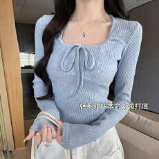 批发实力工厂纯欲甜辣妹绑带坑条设计感方领长袖<b class='q'>t</b><b class='q'>恤</b>女秋季内搭打底衫