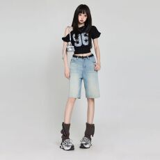 批发现货2025高街美式浅色低腰牛仔裤女小个子直筒五分裤水洗牛仔<b class='q'>短裤</b>