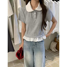 批发实体档口甜美<b class='q'>娃娃领</b>正肩短袖<b class='q'>t</b><b class='q'>恤</b>女2025新款小个子拼接荷叶边上衣