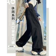 批发现货美式高腰口袋阔腿运动裤女春秋新款松弛直筒抽绳宽松休闲卫裤