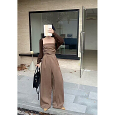 批发实体档口吊带褶皱设计高腰<b class='q'>连体裤女</b>早秋显瘦连衣长裤休闲开衫套装
