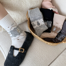 批发春秋季可爱卡通刺绣袜子女中筒袜ins潮百搭外穿灰色生长袜5双