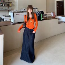 批发复古深蓝水洗后开叉牛仔裙女秋季无腰头高腰显瘦<b class='q'>百搭</b>a字长裙