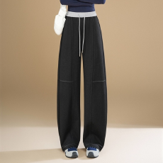 批发藏青色阔腿卫裤女2025新款秋季老钱风抽绳宽松垂感<b class='q'>休闲</b><b class='q'>运动</b>直筒裤