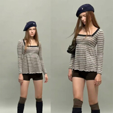 批发实体档口韩系方领撞色条纹长袖上衣女秋季波点印花<b class='q'>娃娃</b>衫打底衫潮