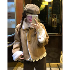 批发实体档口法式复古翻领绑带皮毛一体外套女韩系宽松短款上衣冬季<b class='q'>潮</b>