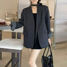 批发实体档口韩系飘带酷飒黑色西装外套女2025秋装设计感宽松v领<b class='q'>西服</b>