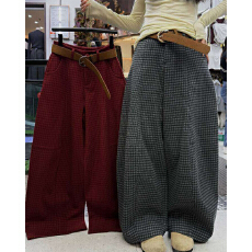 批发实体档口毛呢格子阔腿裤女冬季高腰宽松显瘦百搭休闲直筒裤配腰带