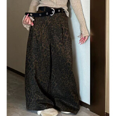 批发实体档口秋冬新款美式复古百搭辣妹豹纹高腰休闲宽松修身<b class='q'>阔腿裤</b>女