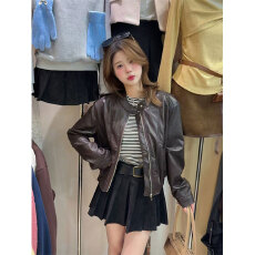 批发实体档口2025<b class='q'>秋</b>装宽松显瘦立领短款PU皮皮衣女休闲百搭夹克外套潮