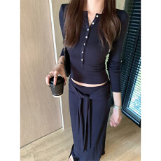 批发实体档口小众辣妹两件套亨利领修身长袖<b class='q'>T</b><b class='q'>恤</b>+绑带包臀半身长裙套装