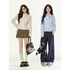 批发实体档口<b class='q'>甜美</b>长袖条纹荷叶边衬衫女2025春秋修身显瘦小众设计上衣