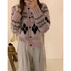 批发实体档口2025秋女装菱格提花<b class='q'>针织</b><b class='q'>开衫</b>复古少女甜酷费尔岛毛衣外套