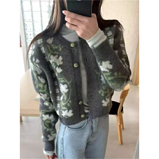 批发实体档口小香风碎花毛衣<b class='q'>开衫</b>外套女春秋小个子<b class='q'>针织</b>衫正肩长袖上衣