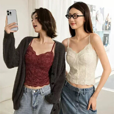批发实力工厂纯欲风蕾丝保暖吊带背心女带胸垫美背内搭<b class='q'>文胸</b>一体上衣潮