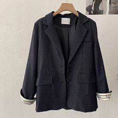 批发实体档口中长款纯色翻领韩版西装条纹袖口2025秋新款休闲<b class='q'>外套</b>女潮