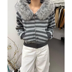 批发实体档口加厚毛领连帽条纹卫衣外套女冬季新款洋气百搭保暖上衣潮