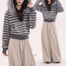 批发实体档口2025韩版拼接毛领连帽条纹长袖拉链外套女百搭厚款<b class='q'>开衫</b>潮