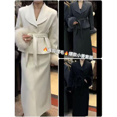 批发实体档口温柔风翻领绑带毛呢外套女冬季高级感狐狸毛拼接气质大衣