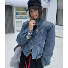 批发实体档口高端时尚蓝色西装领牛仔外套女设计感气质百搭短款上衣潮