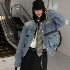 批发实体档口2025冬季东大门复古水洗宽松撞色皮翻领垫肩加绒牛仔外套