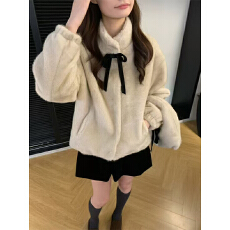 批发实体档口甜美蝴蝶结短款毛毛羽绒服女2025冬款宽松显瘦立领外套潮