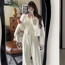 批发实体档口加厚韩系短款修身连帽拉链卫衣+高腰阔腿休闲<b class='q'>裤</b>运动套装