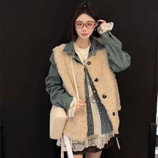 批发实体档口秋新款韩系气质减龄毛毛马甲外套复古<b class='q'>牛仔</b>衬衫两件套上衣