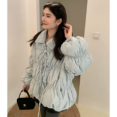 批发实体档口2025冬新款韩系花苞袖蝴蝶结甜妹羽绒服女金丝绒保暖外套