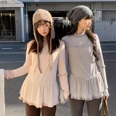 批发实体档口新款<b class='q'>甜美</b>芭蕾风减龄圆领中长款T恤下摆花边设计感上衣女