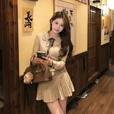 批发实体档口秋冬装新款<b class='q'>甜美</b>格子拼接假两件针织开衫女蝴蝶结毛衣外套