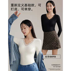 批发实体档口修身打底V领蕾丝设计亲肤打底衫保暖气质百搭长袖上衣女
