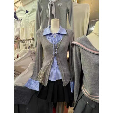 批发实体档口新款韩系文艺风拼接假两件条纹设计<b class='q'>衬衫</b>针织显瘦青春上衣