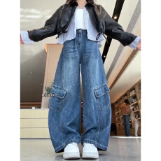 批发实体档口秋冬阔脚<b class='q'>宽松</b>时尚工装拖地<b class='q'>裤</b>深蓝百搭高腰显瘦牛仔<b class='q'>裤</b>子女