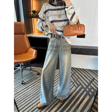 批发实体档口秋冬新款做旧渐变设计感阔脚直筒长<b class='q'>裤</b>子复古时髦牛仔<b class='q'>裤</b>女